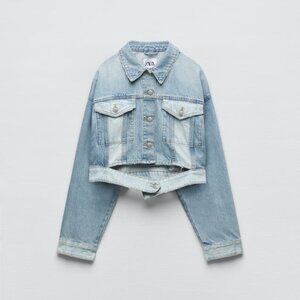 ZARA NWT Cropped Two Tone Denim Jean Jacket, Size S